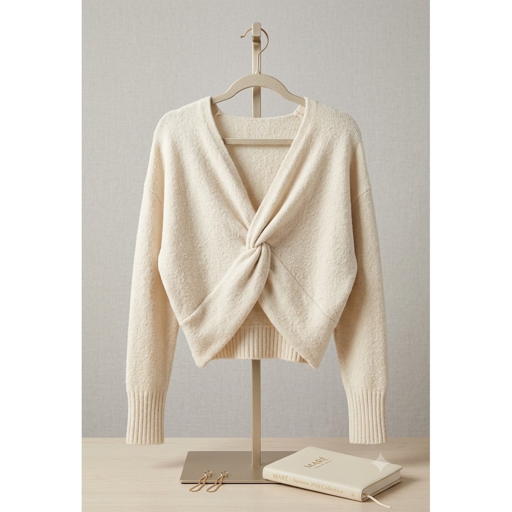 Express Women Cream Ivory Twist Front V-Neck Knit Sweater XL Pullover